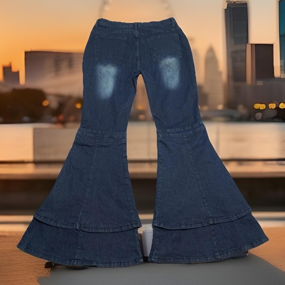 Plus Sz 1X Stretchy Fitted High Waist Layered Bell Bottom Hippie Blue Jeans Y2K - Picture 5 of 11